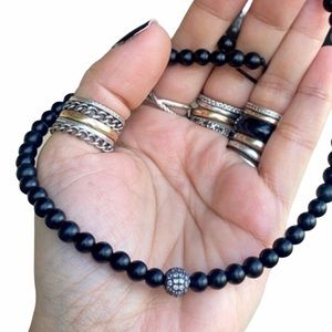 Onyx cz choker . Genuine Matte 6mm onyx gemstones & cz charm adjustable necklace